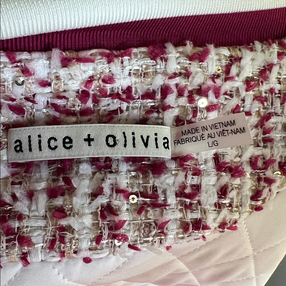 ALICE + OLIVIA Keri Varsity Bouclé-Tweed Bomber Jacket. Size Large. - Picture 12 of 12